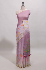 Peach floral design linen cotton saree with self zari border and matching blouse