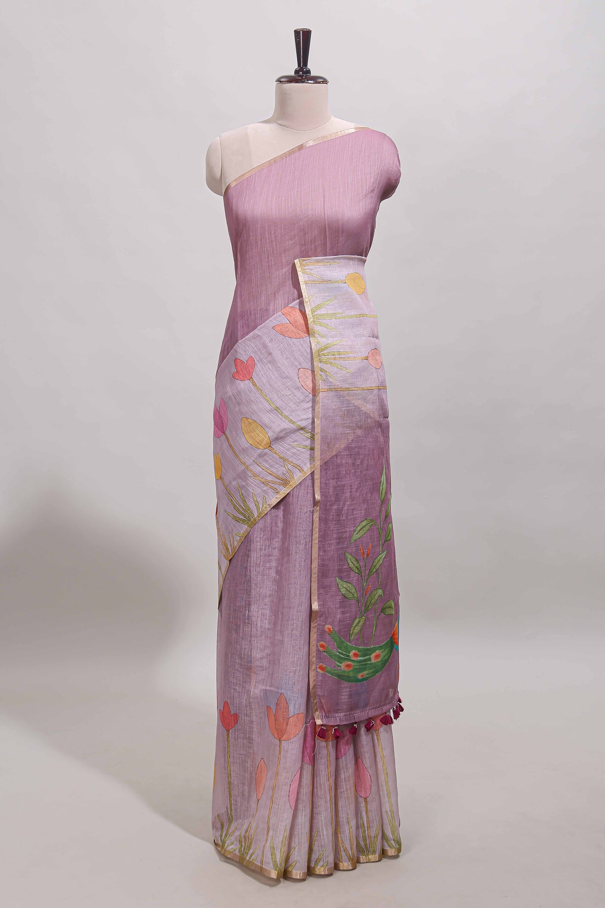 Peach floral design linen cotton saree with self zari border and matching blouse