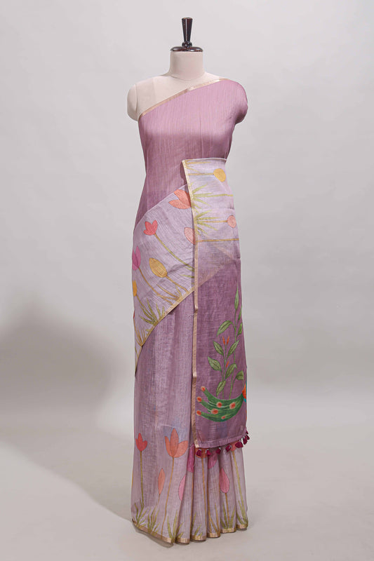 Peach floral design linen cotton saree with self zari border and matching blouse