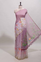 Peach floral design linen cotton saree with self zari border and matching blouse