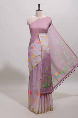 Peach floral design linen cotton saree with self zari border and matching blouse