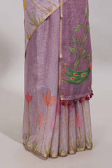 Peach floral design linen cotton saree with self zari border and matching blouse