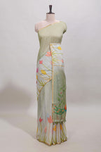Light green floral design linen cotton saree with self zari border and matching blouse