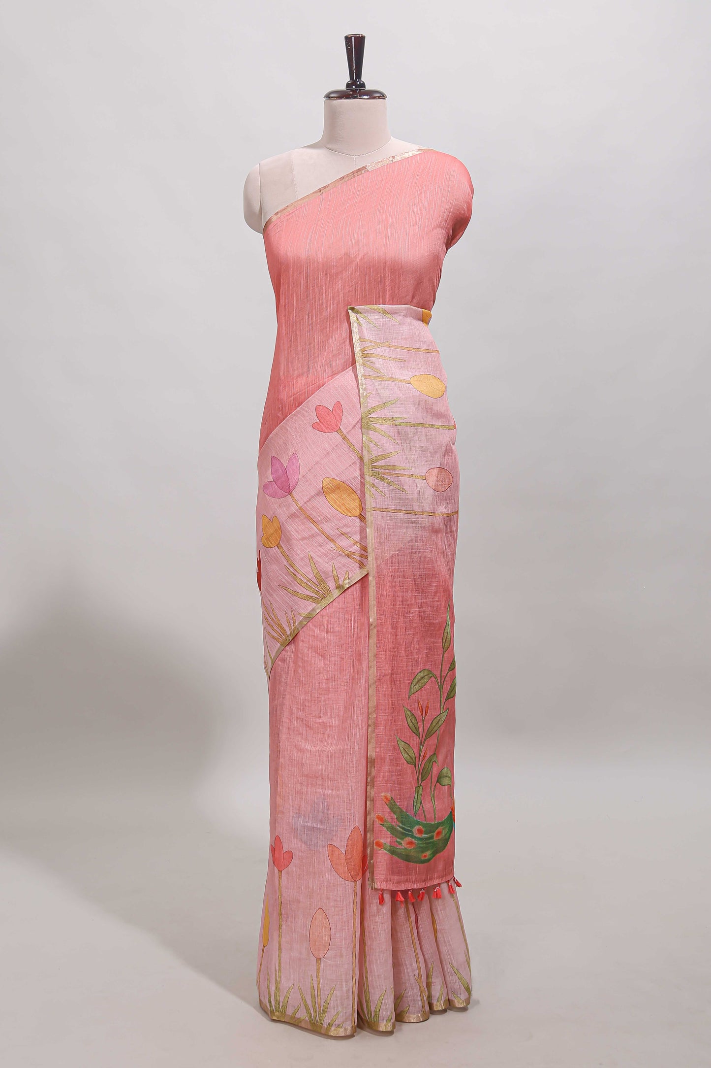 Pink floral design linen cotton saree with self zari border and matching blouse