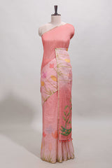Pink floral design linen cotton saree with self zari border and matching blouse