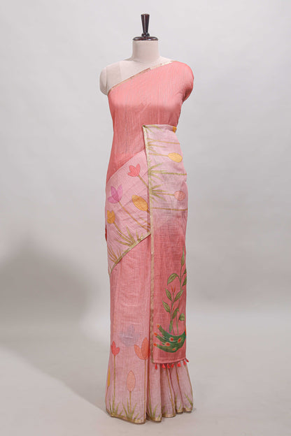 Pink floral design linen cotton saree with self zari border and matching blouse