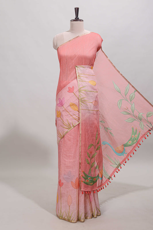 Pink floral design linen cotton saree with self zari border and matching blouse