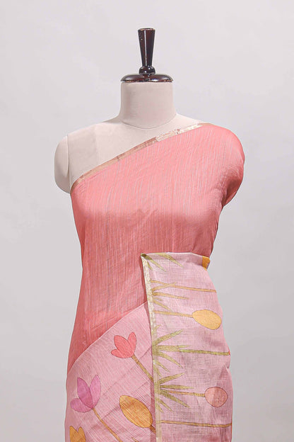 Pink floral design linen cotton saree with self zari border and matching blouse