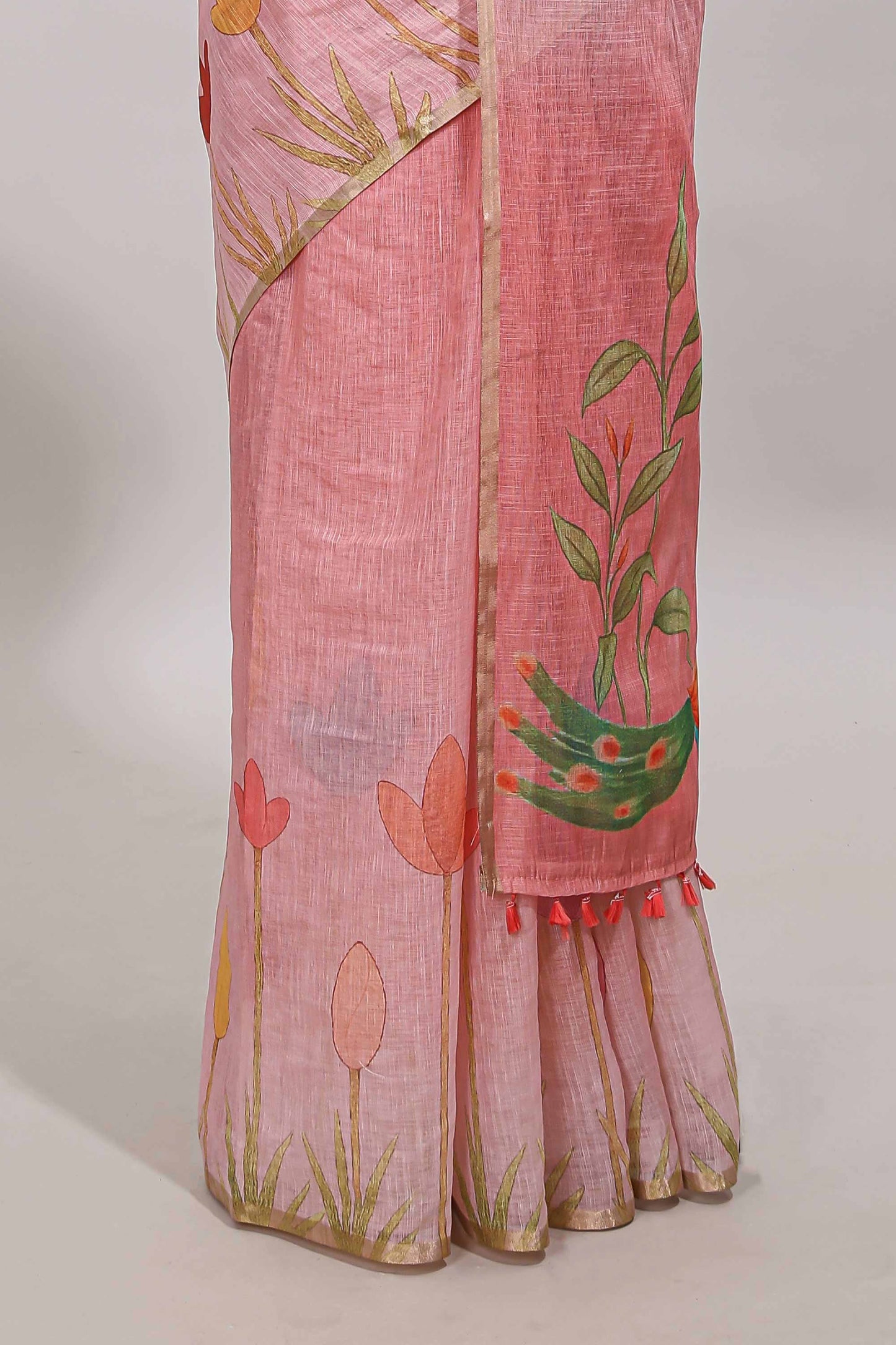 Pink floral design linen cotton saree with self zari border and matching blouse