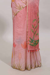 Pink floral design linen cotton saree with self zari border and matching blouse