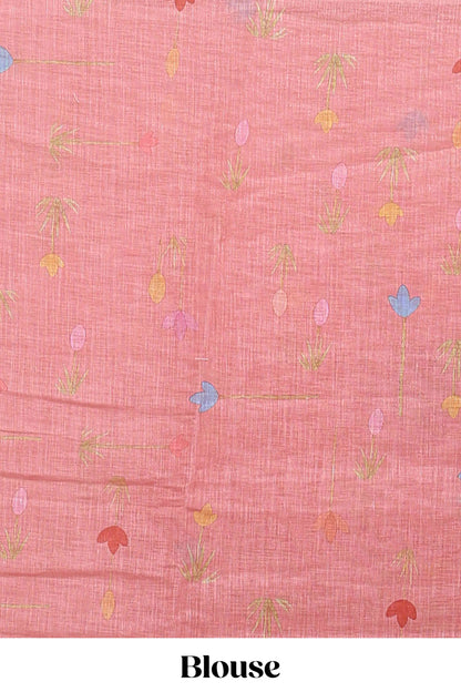 Pink floral design linen cotton saree with self zari border and matching blouse
