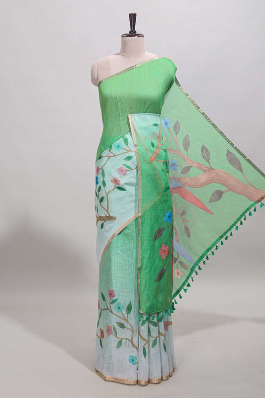 Green floral vines linen cotton saree with self zari border and matching blouse