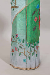 Green floral vines linen cotton saree with self zari border and matching blouse