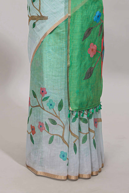 Green floral vines linen cotton saree with self zari border and matching blouse