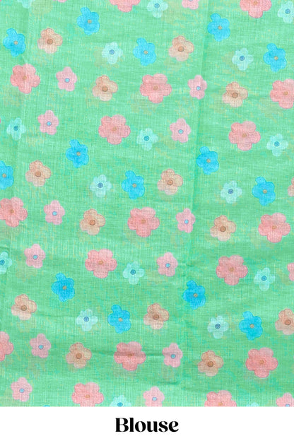 Green floral vines linen cotton saree with self zari border and matching blouse