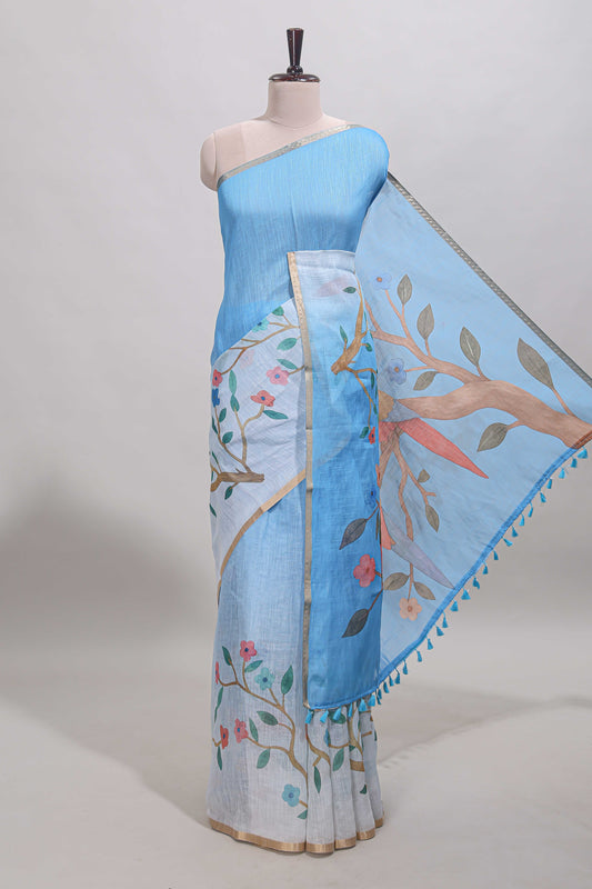 Blue floral vines linen cotton saree with self zari border and matching blouse