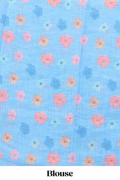 Blue floral vines linen cotton saree with self zari border and matching blouse