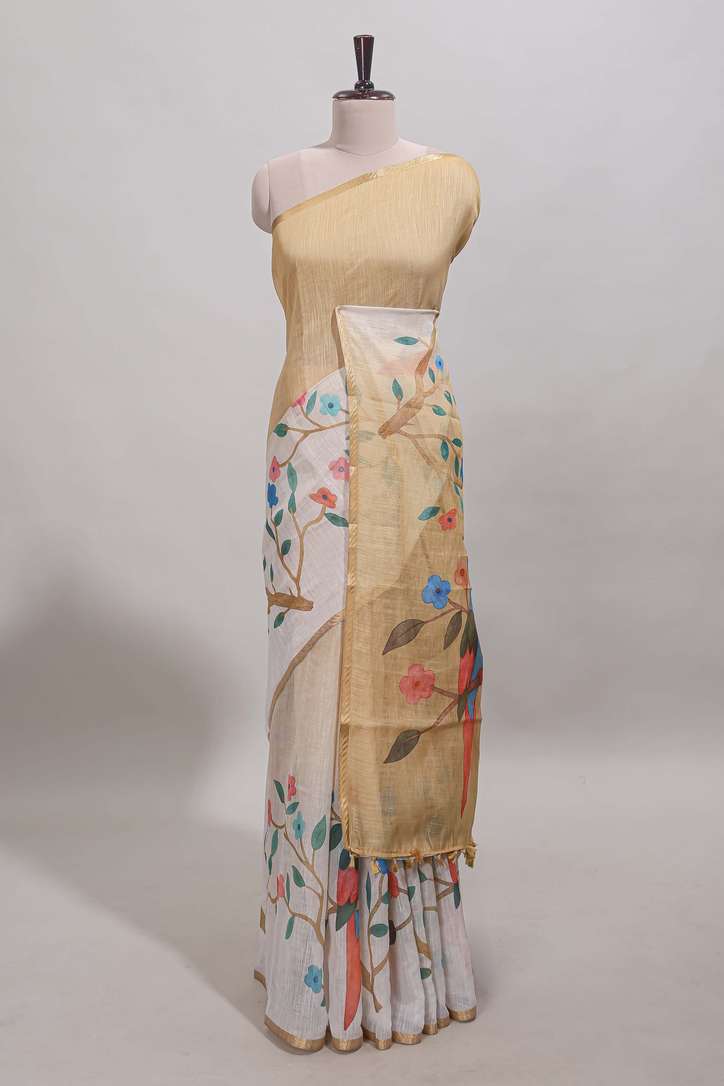 Sandal floral vines linen cotton saree with self zari border and matching blouse