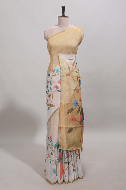 Sandal floral vines linen cotton saree with self zari border and matching blouse