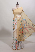 Sandal floral vines linen cotton saree with self zari border and matching blouse
