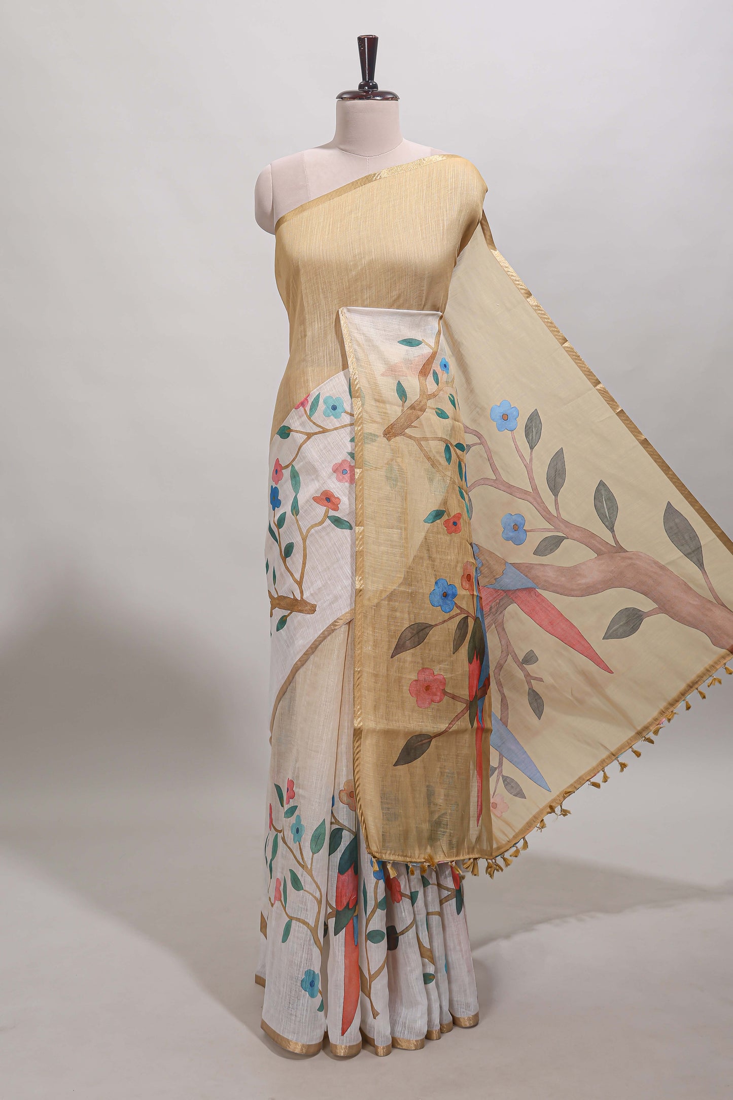 Sandal floral vines linen cotton saree with self zari border and matching blouse