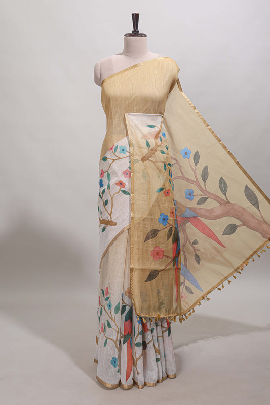 Sandal floral vines linen cotton saree with self zari border and matching blouse