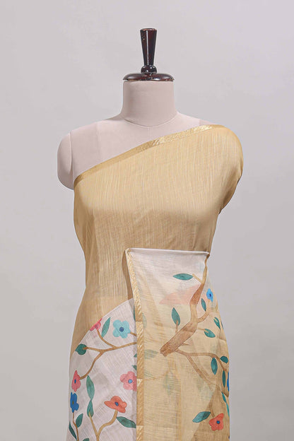 Sandal floral vines linen cotton saree with self zari border and matching blouse