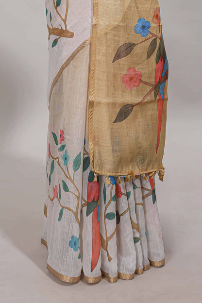 Sandal floral vines linen cotton saree with self zari border and matching blouse