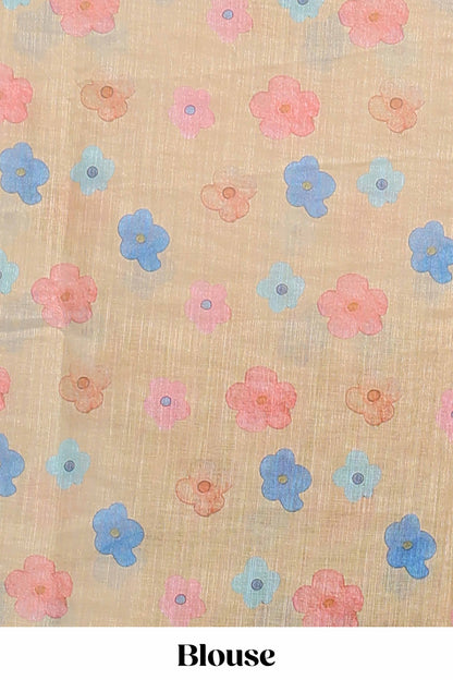 Sandal floral vines linen cotton saree with self zari border and matching blouse