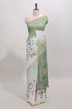 Green floral vines linen cotton saree with self zari border and matching blouse