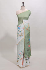 Green floral vines linen cotton saree with self zari border and matching blouse