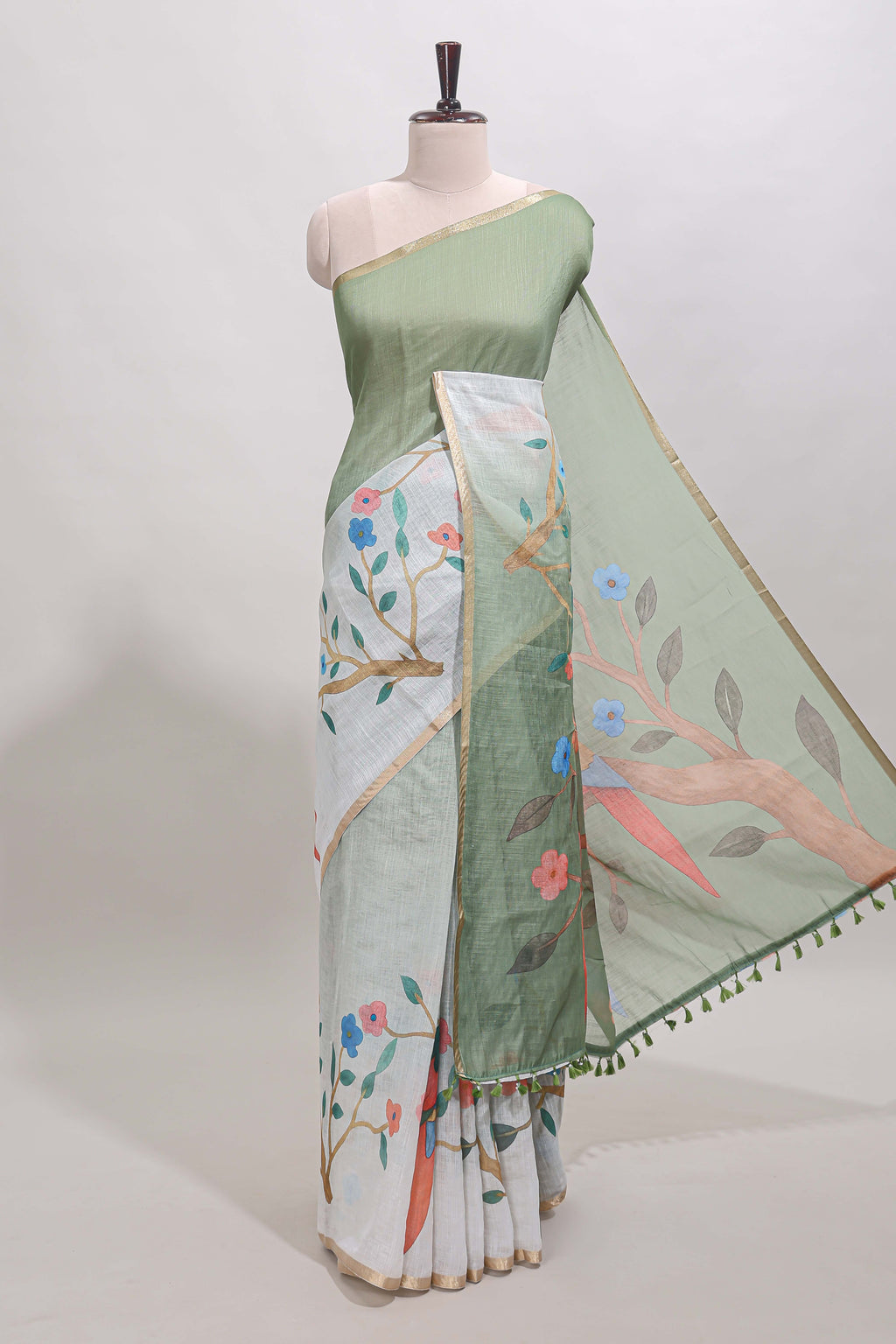 Green floral vines linen cotton saree with self zari border and matching blouse