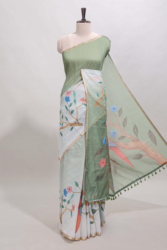Green floral vines linen cotton saree with self zari border and matching blouse