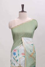 Green floral vines linen cotton saree with self zari border and matching blouse