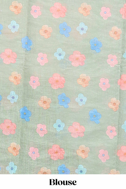Green floral vines linen cotton saree with self zari border and matching blouse