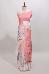 Pink floral vines linen cotton saree with self zari border and matching blouse