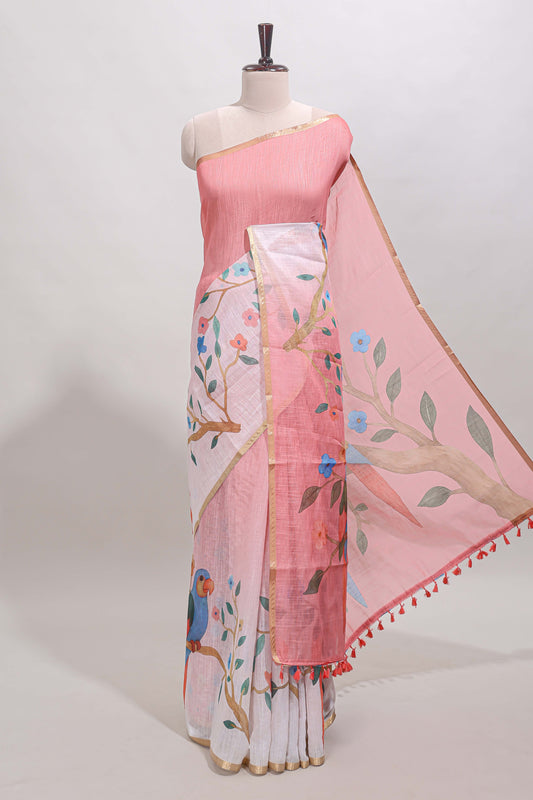 Pink floral vines linen cotton saree with self zari border and matching blouse