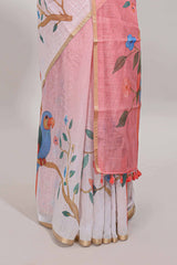 Pink floral vines linen cotton saree with self zari border and matching blouse