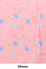 Pink floral vines linen cotton saree with self zari border and matching blouse