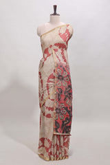 Beige linen cotton saree with red shibori print, self zari border and floral design pallu