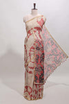 Beige linen cotton saree with red shibori print, self zari border and floral design pallu