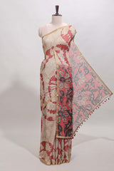 Beige linen cotton saree with red shibori print, self zari border and floral design pallu