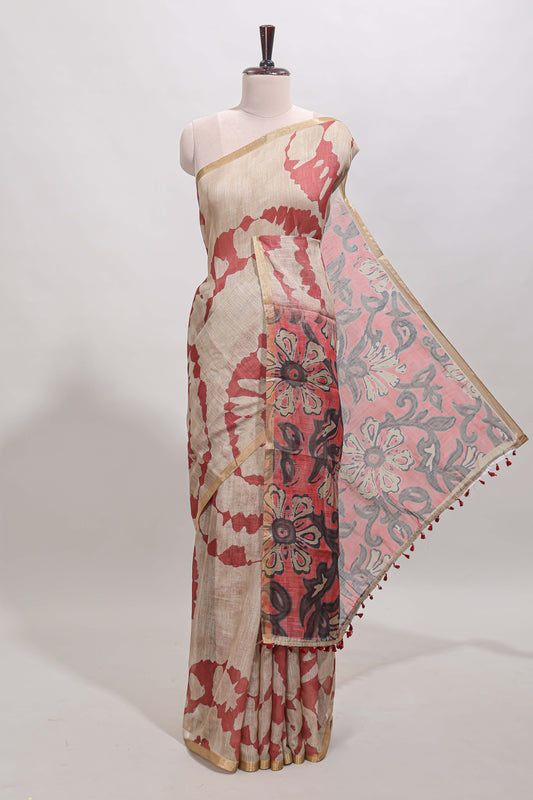 Beige linen cotton saree with red shibori print, self zari border and floral design pallu