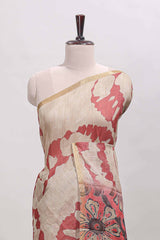 Beige linen cotton saree with red shibori print, self zari border and floral design pallu
