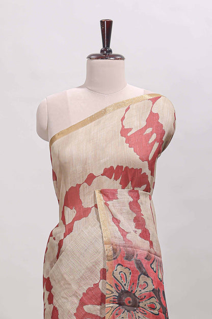 Beige linen cotton saree with red shibori print, self zari border and floral design pallu