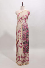 Beige linen cotton saree with purple shibori print, self zari border and floral design pallu