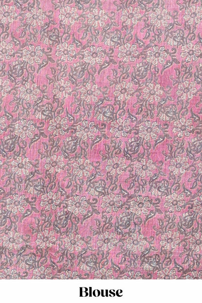 Beige linen cotton saree with purple shibori print, self zari border and floral design pallu