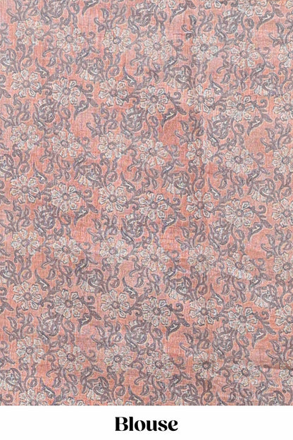 Beige linen cotton saree with brown shibori print, self zari border and floral design pallu