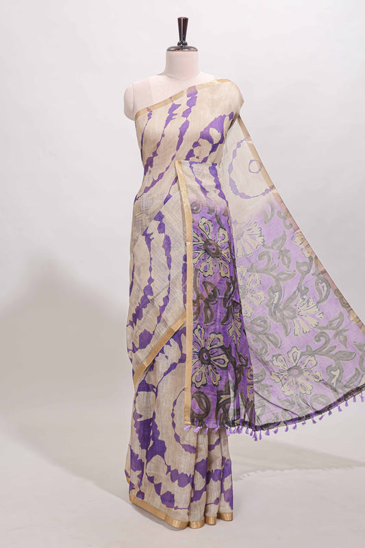 Beige linen cotton saree with violet shibori print, self zari border and floral design pallu