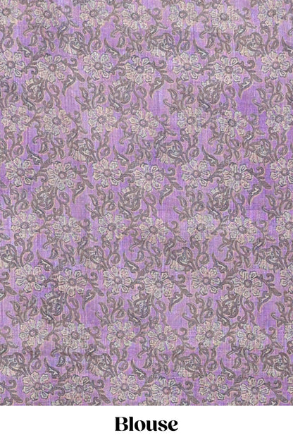 Beige linen cotton saree with violet shibori print, self zari border and floral design pallu